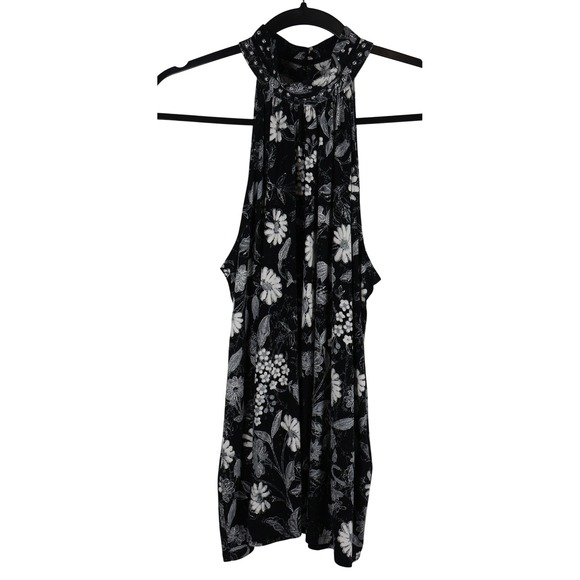 INC Floral HALTER Top Sleeveless Blouse Pearl EMBELLISHED Black‎ White M Flowy - Picture 1 of 7
